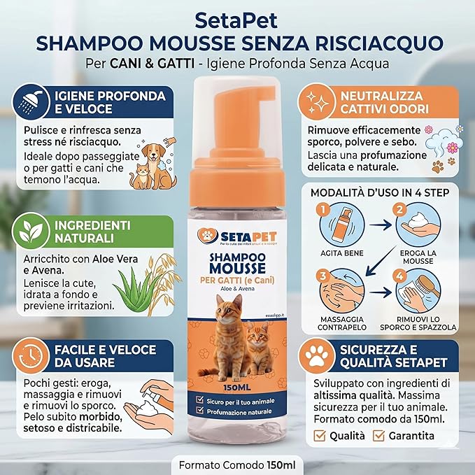 SetaPet Shampoo Mousse a Secco per Gatti Senza Risciacquo 150ml